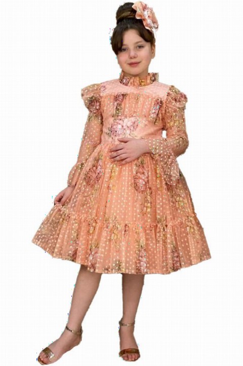 Girls - Girl Flower Princess Salmon Dress 100326839 - Turkey