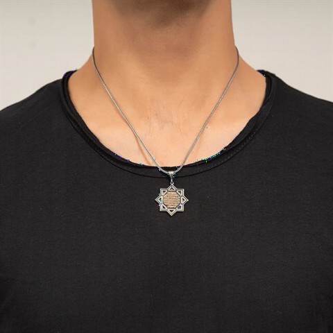Men - Seljuk Star Embroidered Ayetel Kursi Silver Necklace 100349501 - Turkey