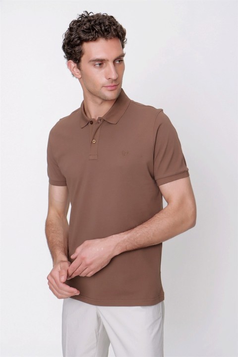 T-Shirt - Men's Light Brown Basic Plain 100% Cotton Dynamic Fit Comfortable Fit Short Sleeve Polo Neck T-Shirt 100351363 - Turkey