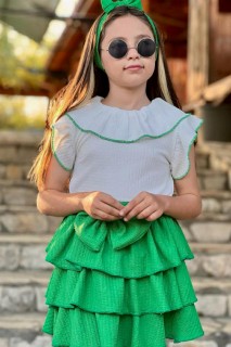 Girls Ruffle Collar Layered Front Bow Detailed Green Skirt Suit 100328528