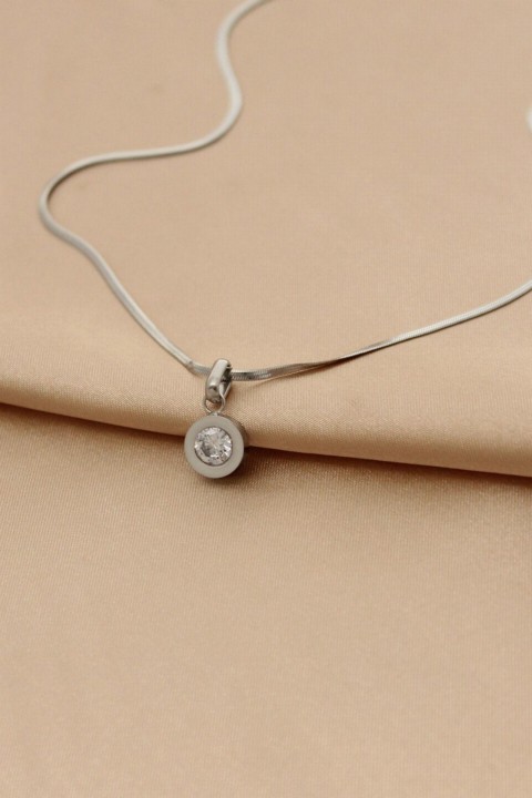 Necklaces - Steel Silver Color Oval Zircon Stone Design Italian Chain Women Necklace 100326514 - Turkey