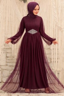 Wedding & Evening - Plum Color Hijab Evening Dress 100338289 - Turkey