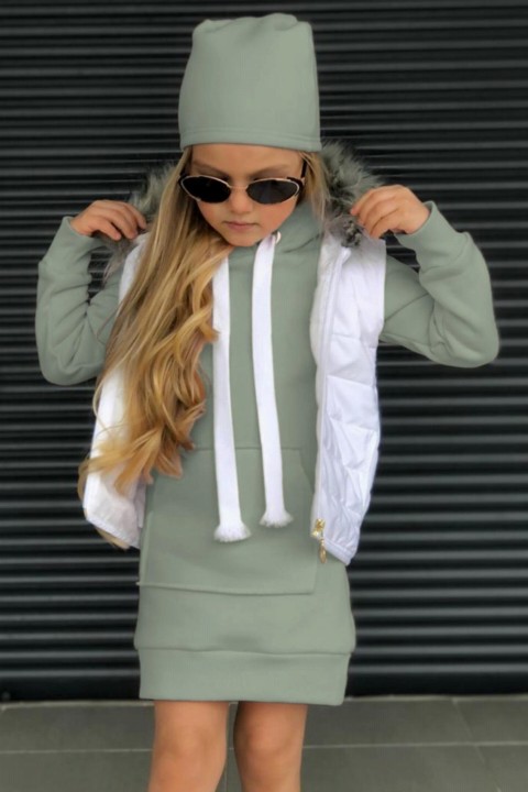 Girl's Inflatable Vest Leggings and Beret Hooded Green Dress 100327272