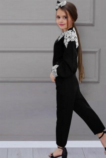 Outwear - Col et manches en dentelle avec boucle brodée pour fille Noir Bas Haut Costume 100328559 - Turkey