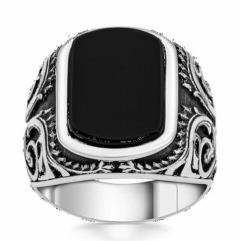 Silver Rings 925 - Onyx Stone Pen Embroidered Silver Ring 100350221 - Turkey