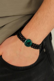 Men - Gray Wolf Figured Green Color Green Metal Accessory Double Row Onyx Natural Stone Men's Bracelet 100318468 - Turkey