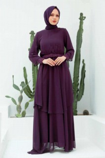 Wedding & Evening - Plum Color Hijab Evening Dress 100339795 - Turkey