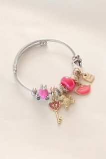 Bracelet - Pink Color Gold Color Key Figure Lip Detail Steel Charm Women's Bracelet 100328142 - Turkey