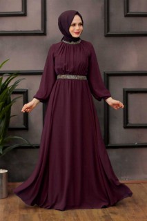 Wedding & Evening - Plum Color Hijab Evening Dress 100337220 - Turkey