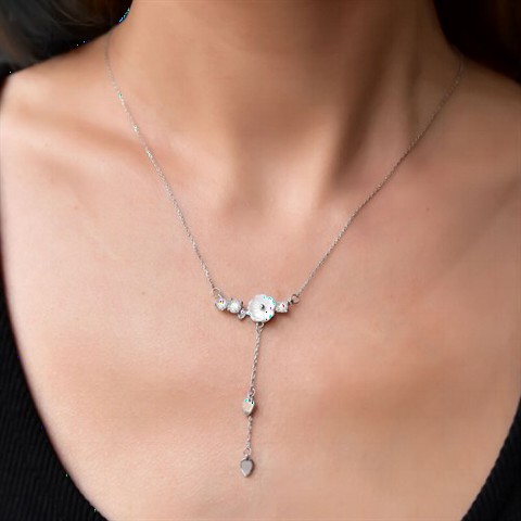 Snowdrop Flower Sides Zircon Stone Detailed Silver Necklace Silver 100349628