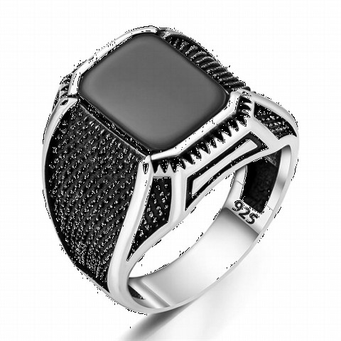 Onyx Stone Rings - Pattern Embroidered Onyx Stone Silver Ring 100350216 - Turkey