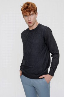 Zero Collar Knitwear - Men's Dark Gray Cycling Crew Neck Dynamic Fit Comfortable Cut Line Pattern Knitwear Sweater 100345115 - Turkey