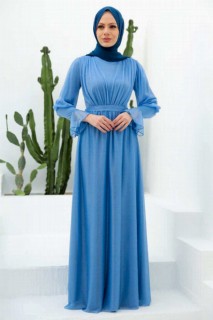 Woman - Blue Hijab Evening Dress 100339521 - Turkey
