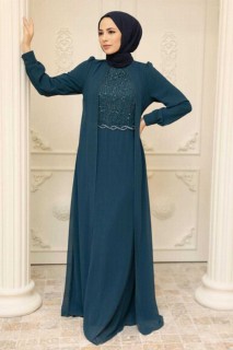 Wedding & Evening - Petrol Blue Hijab Evening Dress 100341564 - Turkey