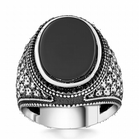 Onyx Stone Rings - Onyx Stone Pattern Embroidered Silver Ring 100350261 - Turkey
