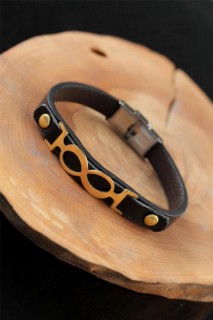 Others - Gold Color Infinity Metal Accessory Black Leather Men's Bracelet 100318793 - Turkey