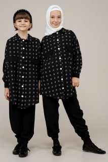 Outwear - Young Girl Buttoned Patterned Top and Bottom Set 100325646 - Turkey