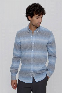 Shirt - Men's Blue Linen Paneled Regular Fit Comfy Cut Shirt 100351063 - Turkey