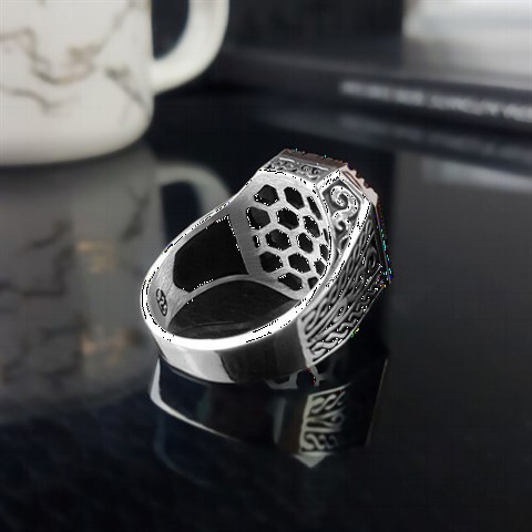 Octagon Model Moon and Star Embroidered Silver Ring 100349672