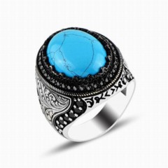 Men - Turquoise Stone Handcrafted Pen Motif Sterling Silver Ring 100346849 - Turkey
