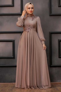Wedding & Evening - Mink Hijab Evening Dress 100337299 - Turkey