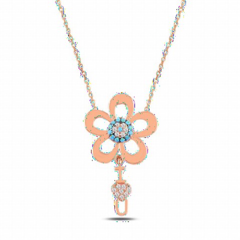 Necklaces - Flower Model Evil Eye Motif Women's Silver Necklace 100347617 - Turkey