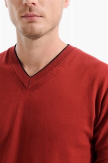 Men's Dark Claret Red Basic Dynamic Fit V Neck Knitwear Sweater 100345071