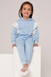Girls' Lace Embroidered Hooded Smile Blue Tracksuit Suit 100328620