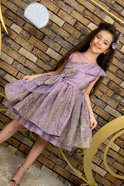 Girls Mix Color Tulle Detailed Waist Tie Lilac Evening Dress 100327188