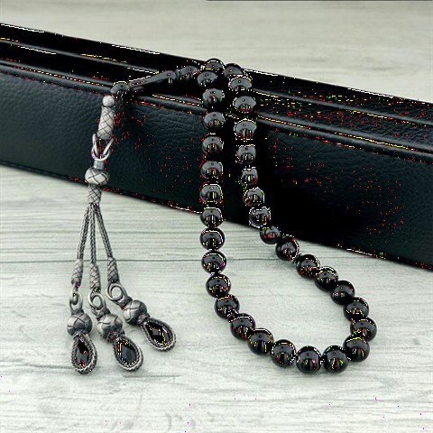 Rosary - Black Grained Silver Kazaz Tassel Detailed Fire Amber Rosary 100349423 - Turkey