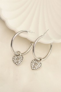 Earrings - Silver Color Zircon Stone Heart Shaped Hoop Earrings 100319964 - Turkey