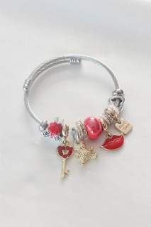 Bracelet - Red Color Key Figure Teddy Bear Detail Steel Charm Women's Bracelet 100328157 - Turkey