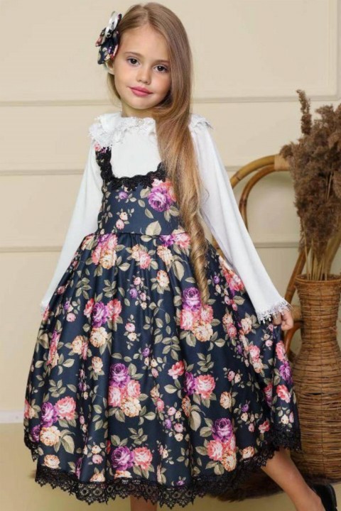 Girl Clothing - Schwarzes Mädchenkleid mit spitzenbesticktem Blumendruck und Hemdkragenhemd 100327420 - Turkey
