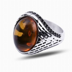 Amber Drop Silver Ring With Row Stone 100347731