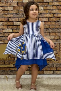 Kids - Girl's New Pockets And Striped Blue-White Dress 100328170 - Turkey