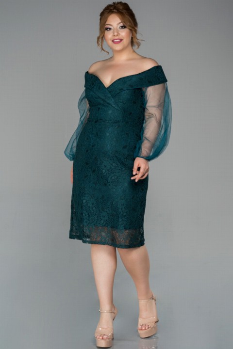 Plus Size - Evening Dress Short Double Breasted Collar Tulle Sleeve Guipure Plus Size Evening Dress 100296733 - Turkey