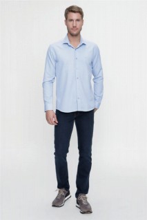 Men's Blue Cotton Slim Fit Slim Fit Solid Collar Long Sleeve Shirt 100350671
