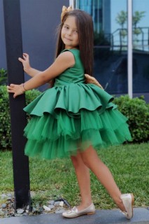Girl's Green Evening Dress with Layered Tulle Skirt and Pulp Bowknot Decollete 100344605