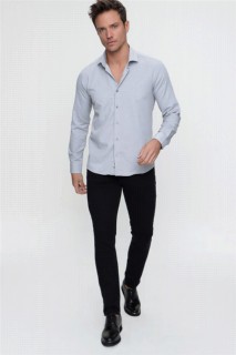 Top Wear - قميص رجالي من القطن الرمادي ذو قصة ضيقة بأكمام طويلة وياقة صلبة 100351318 - Turkey