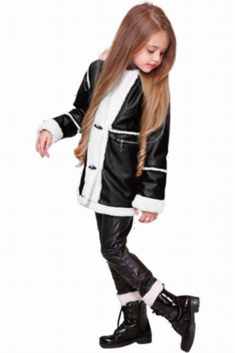 Outwear - Veste en peluche détaillée pour fille en cuir avec collants noirs 100344677 - Turkey
