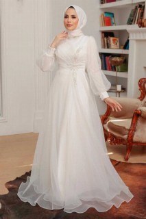 Woman Clothing - White Hijab Evening Dress 100341379 - Turkey
