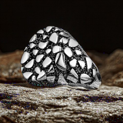 Stone Pattern Embroidered Silver Ring on Micro Stone 100349666