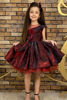 Evening Dress - Girls Mix Color Tulle Detailed Waist Tie Claret Red Evening Dress 100327186 - Turkey