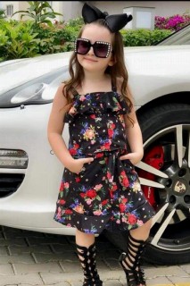 Girl Clothing - Girl's New Floral Printed and Button Detailed Black Skirt Suit 100328234 - Turkey