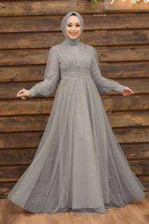 Wedding & Evening - Grey Hijab Evening Dress 100337583 - Turkey