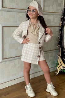 Girl Clothing - Boys' Blazer Jacket Square Printed Beige Shorts Suit 100328536 - Turkey