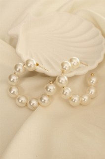 Earrings - Large Pearl Stone Medium Size Hoop Earrings 100319995 - Turkey