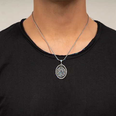 Men - Silver Necklace With La Galibe İllallah Written On Black Background 100348248 - Turkey