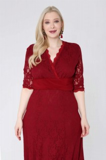 Long evening dress - Plus Size Full Guipure Evening Dress Claret Red 100275963 - Turkey