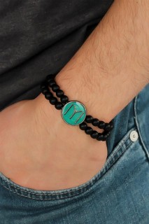 Bracelet - Black Color Double Row Natural Stone Men's Bracelet With A KayÄ± Length Figure On Green Colored Metal 100318442 - Turkey